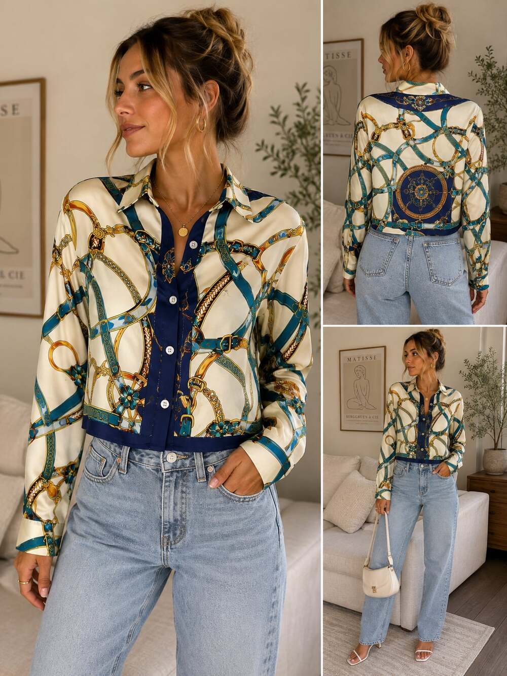 Yaly Couture Long Sleeve Silk and Viscose Button-Up Blouse with Equestrian Chain